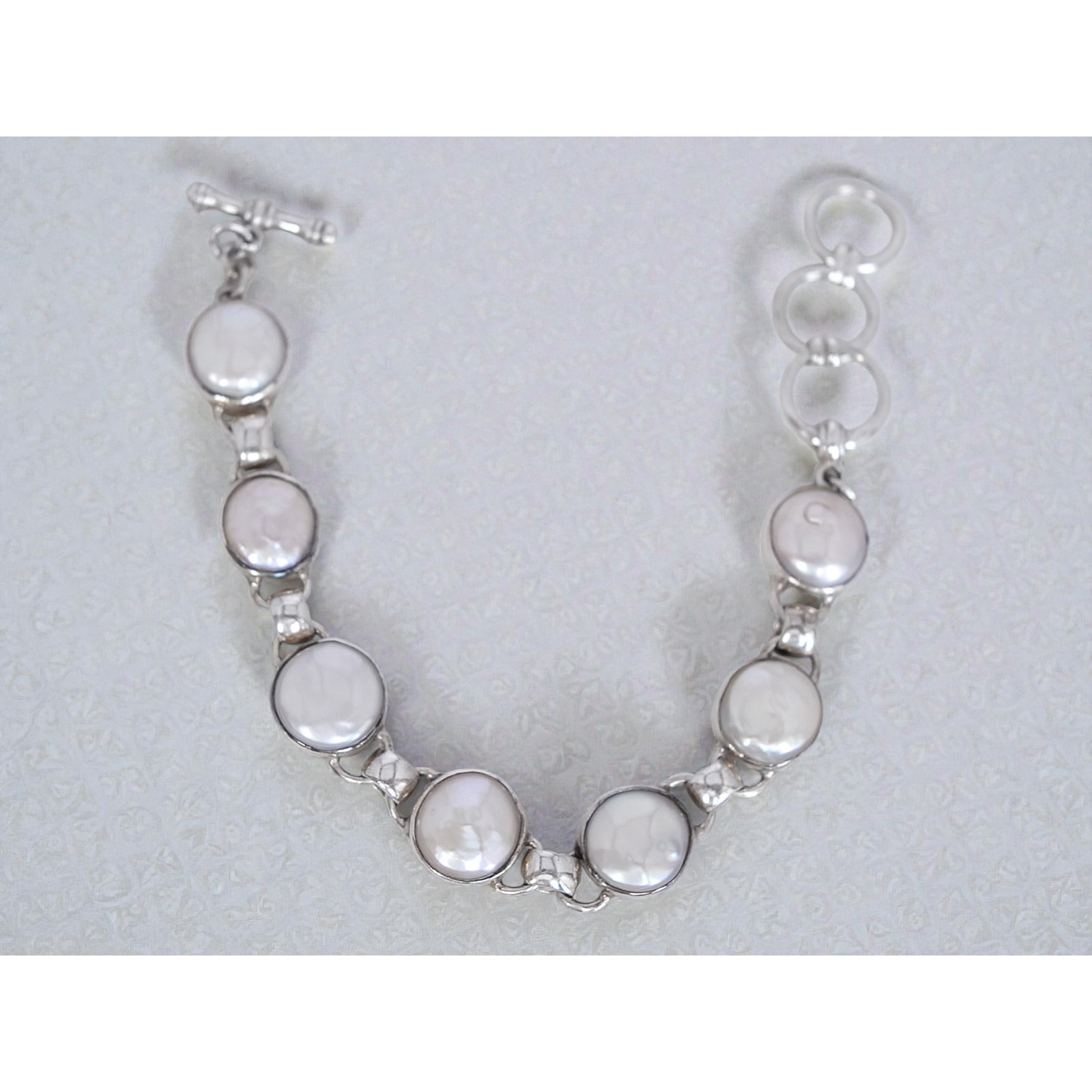 Starborn Creations Coin Pearl Tennis Bracelet Sterling Silver Vintage 7-8